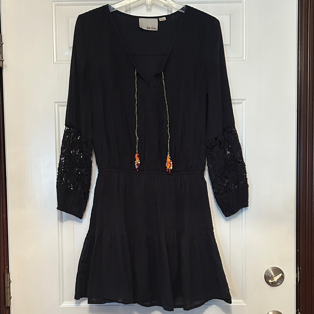 Anthropology Chloe Oliver Cotton Dress XS Navy Bead Tassels Boho Crochet Sleeve